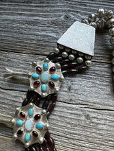 Load image into Gallery viewer, Navajo Sterling Silver Garnet Turquoise Naja Squash Blossom Bead Necklace Signed