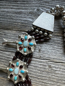 Navajo Sterling Silver Garnet Turquoise Naja Squash Blossom Bead Necklace Signed