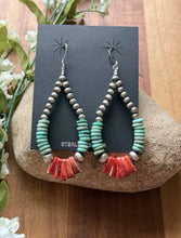 Load image into Gallery viewer, Sterling Silver Turquoise Spiny Oyster Pearls Bead Loop Hoop Earrings. 3 Inch