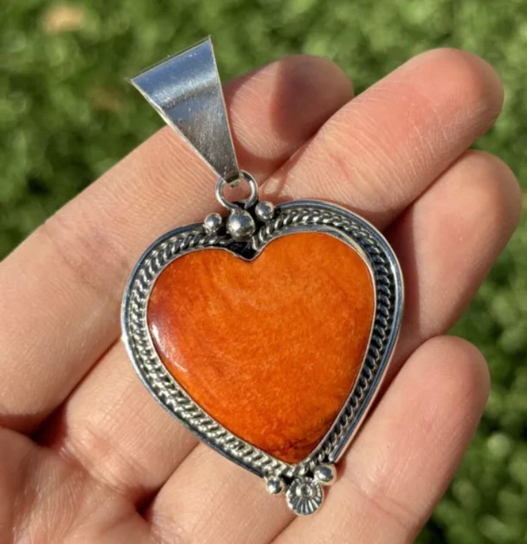 Native American Sterling Silver Orange Spiny Oyster Heart Pendant C Charley