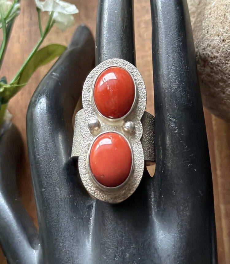 Native American Sterling Silver Coral Ring. Size 8. Jackson
