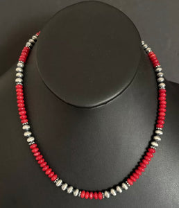 Southwestern 925 Sterling Silver Red Coral 6mm Pearls Bead Necklace 18 Inch