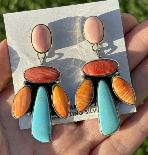 Navajo 925 Sterling Silver Multi Stone Cluster Earrings Marcella James