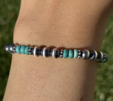 Load image into Gallery viewer, Turquoise 6mm 7 Inch Stretch Sterling Silver Pearls Bead Bracelet