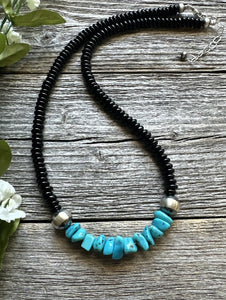 Mens Sterling Silver Black Onyx Turquoise Bead Necklace. 18 Inch