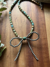 Load image into Gallery viewer, Bow Sterling Silver Blue Green Turquoise Pearls Bead Necklace. 18 inch Gift