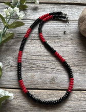 Load image into Gallery viewer, Sterling Silver Black Onyx W Red Coral Bead Necklace. 18 Inch