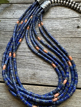 Load image into Gallery viewer, Sterling Silver Multi Strand Stone Lapis Pink Coral Bead Necklace. 26 inch