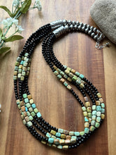 Load image into Gallery viewer, Sterling Silver Multi Strand Black Onyx Turquoise Nuggets Bead Necklace. 24 Inch