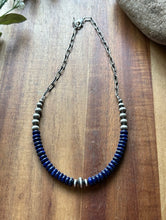 Load image into Gallery viewer, Sterling Silver Graduated Lapis Pearls Chain Bead Necklace. 16 Inch. Gift