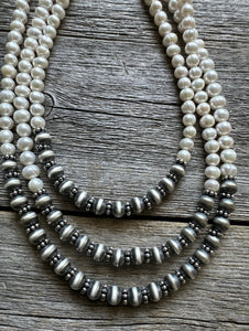 Sterling Silver Freshwater Pearls Multi Strand Layered Bead Necklace. 26-30 Inch