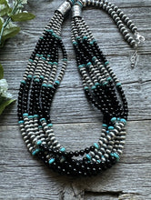 Load image into Gallery viewer, Sterling Silver Multi Strand Black Onyx with Turquoise Bead Necklace. 30 Inch