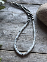 Load image into Gallery viewer, Sterling Silver White Buffalo Turquoise Heishi Bead W Pearls Necklace. 18 inch