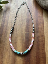 Load image into Gallery viewer, Sterling Silver Graduated Pink Conch Turquoise Pearls Chain Bead Necklace 16inch