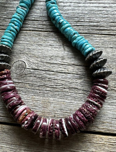 Sterling Silver Purple Spiny Oyster W Turquoise Bead Necklace. 18 inch