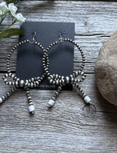 Load image into Gallery viewer, Sterling Silver Bow White Howlite Pearls Hoop Bead Earrings 3.5 Inch