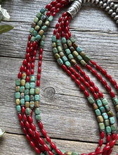 Load image into Gallery viewer, Sterling Silver Multi Strand Blue Green Turquoise Coral Pearls Bead Necklace 30”