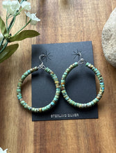 Load image into Gallery viewer, Sterling Silver Green Turquoise Heishi Bead Loop Hoop Earrings.