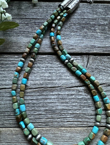 Sterling Silver Multi 2 Strand Blue Green Turquoise Bead Necklace. 20 inch