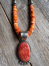 Load image into Gallery viewer, Handmade Navajo Sterling Silver and Orange Spiney Oyster Pendant  with Necklace