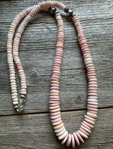 Long Southwestern Sterling Silver Graduated Pink Conch Bead Necklace. 30 Inch