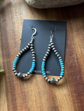 Load image into Gallery viewer, Sterling Silver Blue Turquoise Bead W Pearls Loop Hoop Earrings.