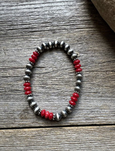 Red Coral 6mm 7 Inch Stretch Sterling Silver Pearls Bead Bracelet