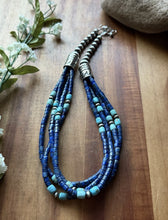Load image into Gallery viewer, Sterling Silver Multi Strand Heishi Lapis Turquoise Pearls Bead Necklace 18 inch