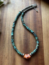 Load image into Gallery viewer, Sterling Silver Graduated Turquoise Heishi Spiny Oyster Bead Necklace 17.5 Inch