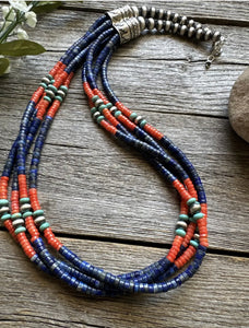 Sterling Silver Multi Strand Stone Lapis Bead Necklace. 24 inch