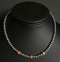 Load image into Gallery viewer, Sterling Silver 4mm Pearls Orange Spiny Oyster Bead Necklace Choker 14 inch