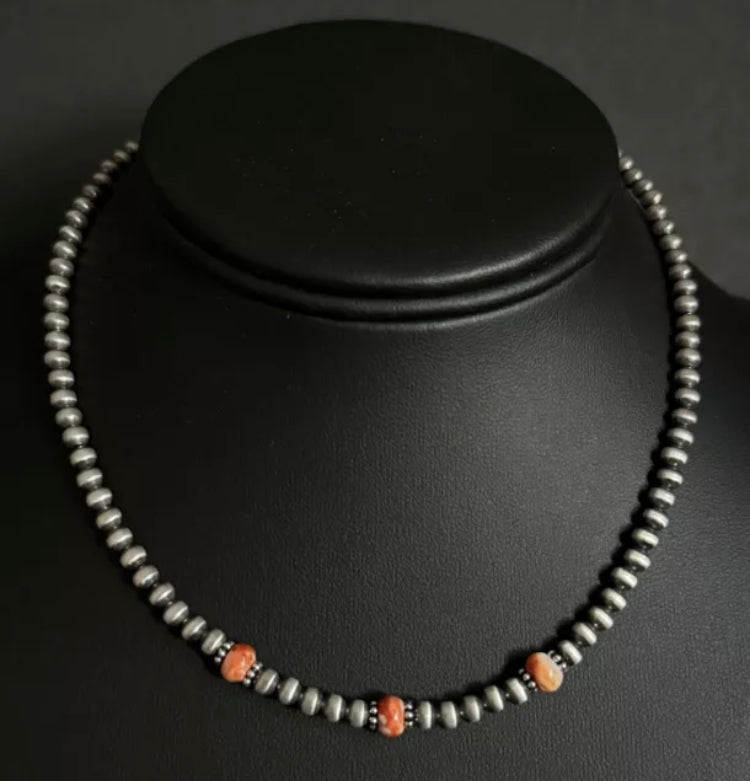 Sterling Silver 4mm Pearls Orange Spiny Oyster Bead Necklace Choker 14 inch