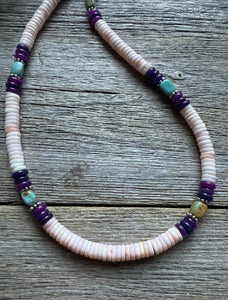Southwestern Sterling Silver Pink Conch Multi Stone Bead Necklace. 18 Inch
