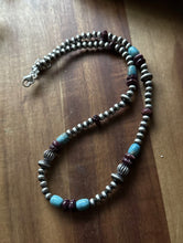 Load image into Gallery viewer, Sterling Silver Purple Spiny Oyster W Turquoise Pearls Bead Necklace. 18 inch