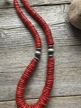 Load image into Gallery viewer, Southwestern Sterling Silver Graduated Bamboo Red Coral Bead Necklace 18 inch