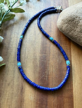 Load image into Gallery viewer, Sterling Silver Heishi Lapis Turquoise Bead Necklace. 18 inch. Gift
