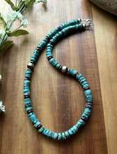 Load image into Gallery viewer, Sterling Silver Heishi Turquoise Purple Spiny Oyster Bead Necklace. 18 Inch