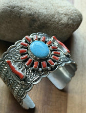 Load image into Gallery viewer, Navajo Native Sterling Silver Red Coral Turquoise Cluster Cuff Bracelet T Jon