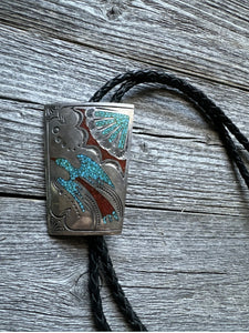 Native American 925 Sterling Silver Turquoise Coral Inlay Bolo Tie Pendant