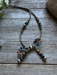 Bow Multi Stone Sterling Silver 4mm Pearls Bead Necklace. 16 Inch. Gift