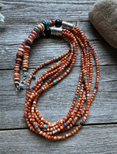 Load image into Gallery viewer, Sterling Silver Multi Strand Stone Orange Spiny Oyster Bead Necklace. 26 inch