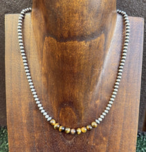 Load image into Gallery viewer, Round Tigers Eye 4mm Sterling Silver Pearls Choker Bead Necklace. 16 Inch. Gift