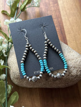 Load image into Gallery viewer, Sterling Silver Blue Turquoise Bead W Pearls Loop Hoop Earrings.