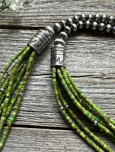 Load image into Gallery viewer, Sterling Silver Multi Strand Green Turquoise Bead Necklace. 26 inch