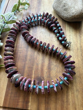Load image into Gallery viewer, Sterling Silver Graduated Purple Spiny Oyster Turquoise Pearls Bead Necklace 34”
