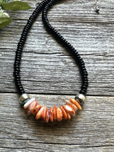 Load image into Gallery viewer, Mens Sterling Silver Black Onyx Orange Spiny Oyster Bead Necklace. 18 Inch