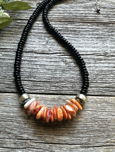 Mens Sterling Silver Black Onyx Orange Spiny Oyster Bead Necklace. 18 Inch