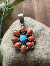 Load image into Gallery viewer, Navajo Sterling Silver Red Coral Turquoise Cluster Pendant LY