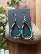 Load image into Gallery viewer, Sterling Silver Blue Turquoise Bead W Pearls Loop Hoop Earrings.