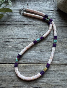 Southwestern Sterling Silver Pink Conch Multi Stone Bead Necklace. 18 Inch
